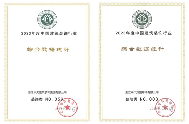 DG视讯装饰集团位列2023年度中国建筑装饰企业百强59位、幕墙百强第8位